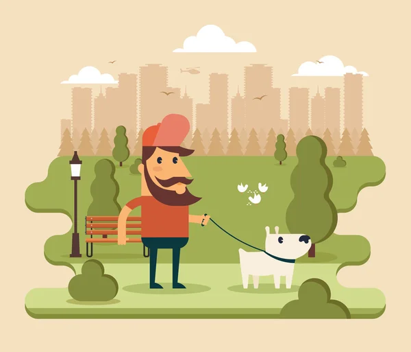 Character Walking with Dog in the Park — Stock Vector