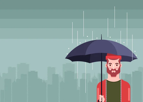 Bearded Hipster with Umbrella Standing Under the Rain — Stock Vector