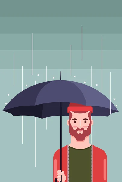 Hipster with Umbrella Standing Under the Rain — Stock Vector