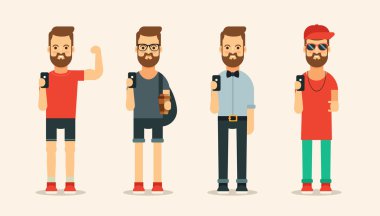 Sakallı karakter farklı giysiler Selfie yapıyor