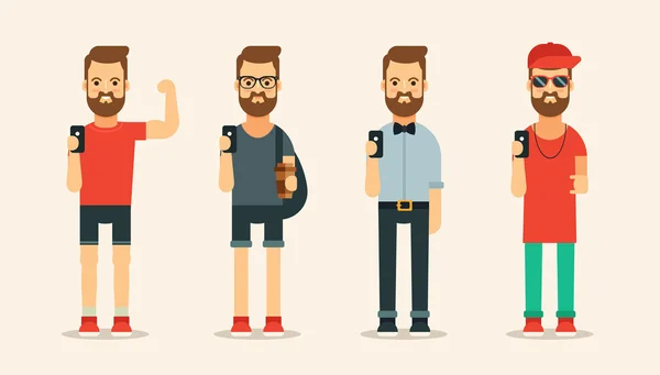 Carácter barbudo en diferentes ropas haciendo selfie — Vector de stock