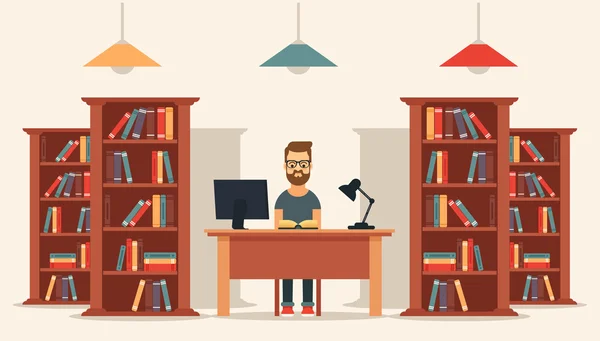 Genç adam Kitaplığı'nda oturan ve bir kitap okuma