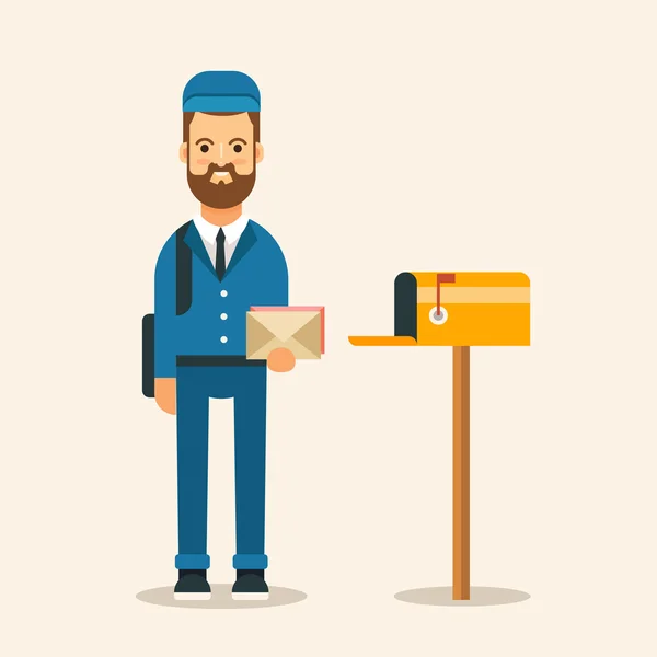 Young Postman with Letters Standing Near the Mailbox — Stock Vector