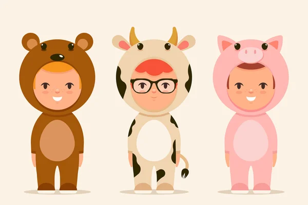 Kinder in Tierkostümen: Bär, Kuh und Schwein — Stockvektor