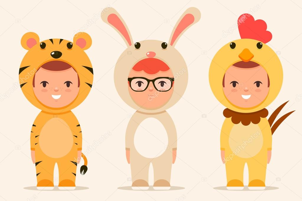 Kids in Animal Costumes: Tiger, Rabbit and Chicken Stock Vector Image by  ©stickerama #102549900