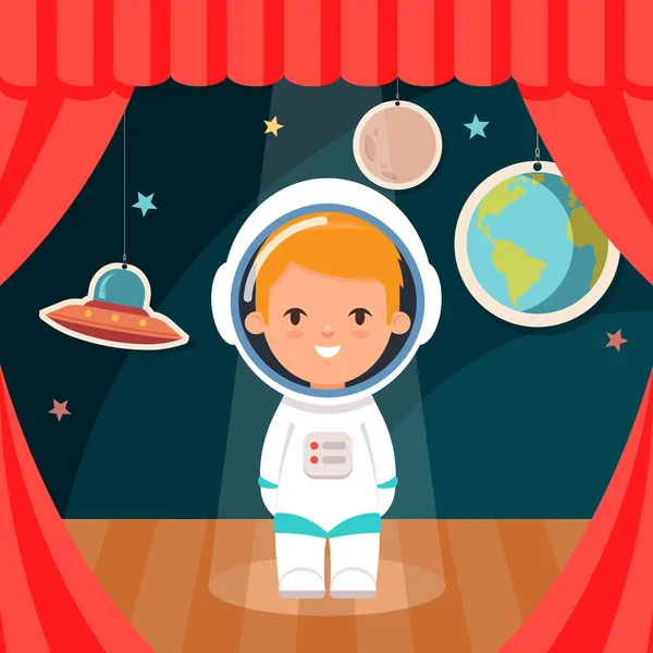Niño disfrazado de cosmonauta de pie en el escenario — Vector de stock