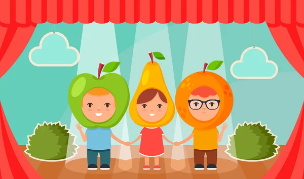 Kids in Fruit Costumes Standing on the Stage — Stock Vector