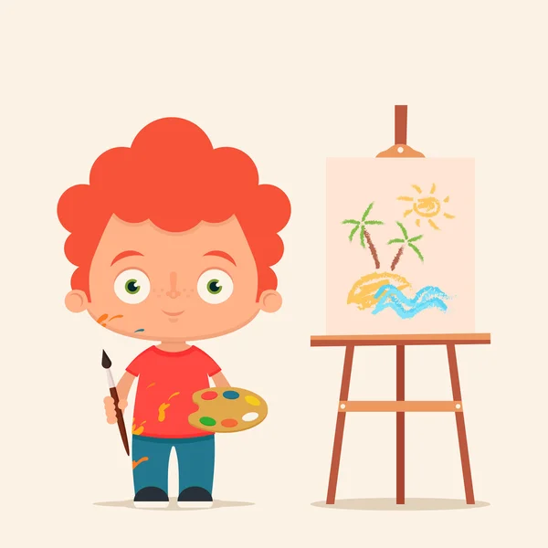 Cute Boy with Brush and Paints — Stock Vector