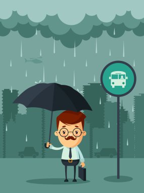 Businessman with Umbrella Standing Under the Rain clipart