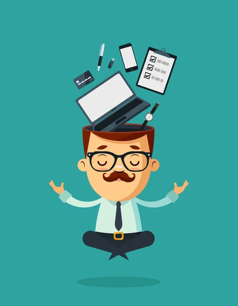 Businessman Meditating. Different Objects in His Head — Stock Vector