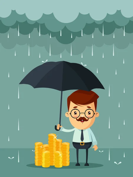 นักธุรกิจที่มีร่มยืนอยู่ใต้ฝนและปกป้องเงินของเขา — ภาพเวกเตอร์สต็อก