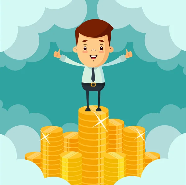 Empresário bem sucedido em pé nas moedas de ouro — Vetor de Stock