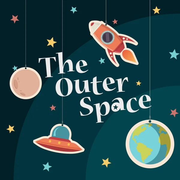 El Título del Espacio Exterior. Objetos de dibujos animados en el fondo — Vector de stock