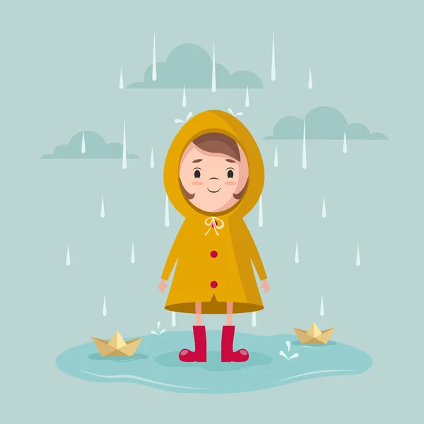 Chica con barcos de papel bajo la lluvia — Vector de stock
