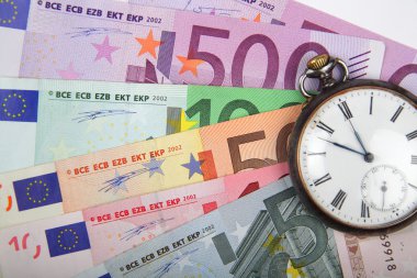 Zaman ve para kavramı görüntü. Vintage seyretmek ile Euro. 