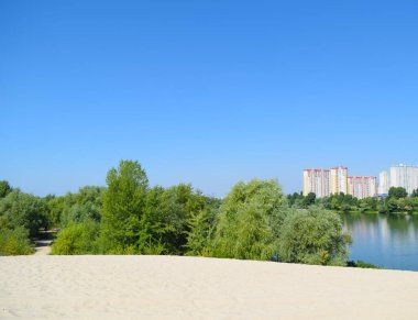 Uzaktaki kum ormanının içinden şehre bak.