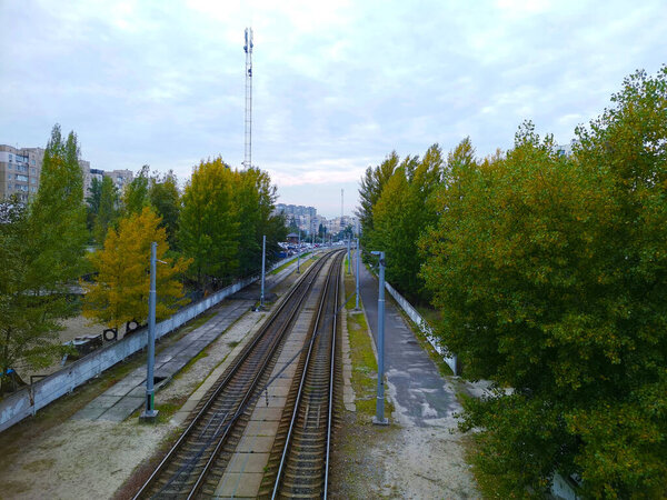 Top view of the railway in a big city