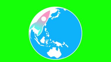 Çevresinde bir roketin döndüğü animasyon bir dünya. Kusursuz düzenleme için yeşil ekran kullanan coğrafya veya keşif videoları için harika.