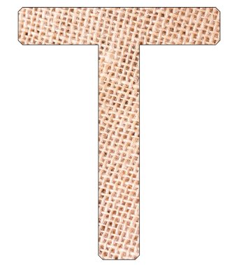 Alfabenin T harfi, fitik kumaş arkaplanlı, Andean furcrası, beyaz üzerine izole edilmiş.