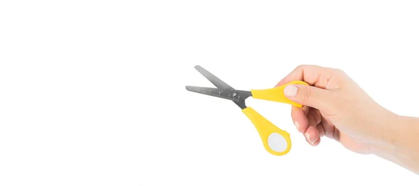 Woman Hand Holding Yellow Scissors White Background Space Text — Stock Photo, Image