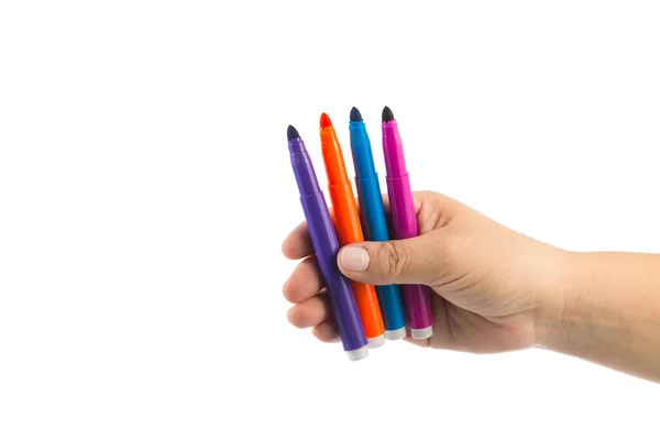 Vrouwelijke Hand Met Verschillende Gekleurde Markers Geïsoleerd Wit Ruimte Voor — Stockfoto