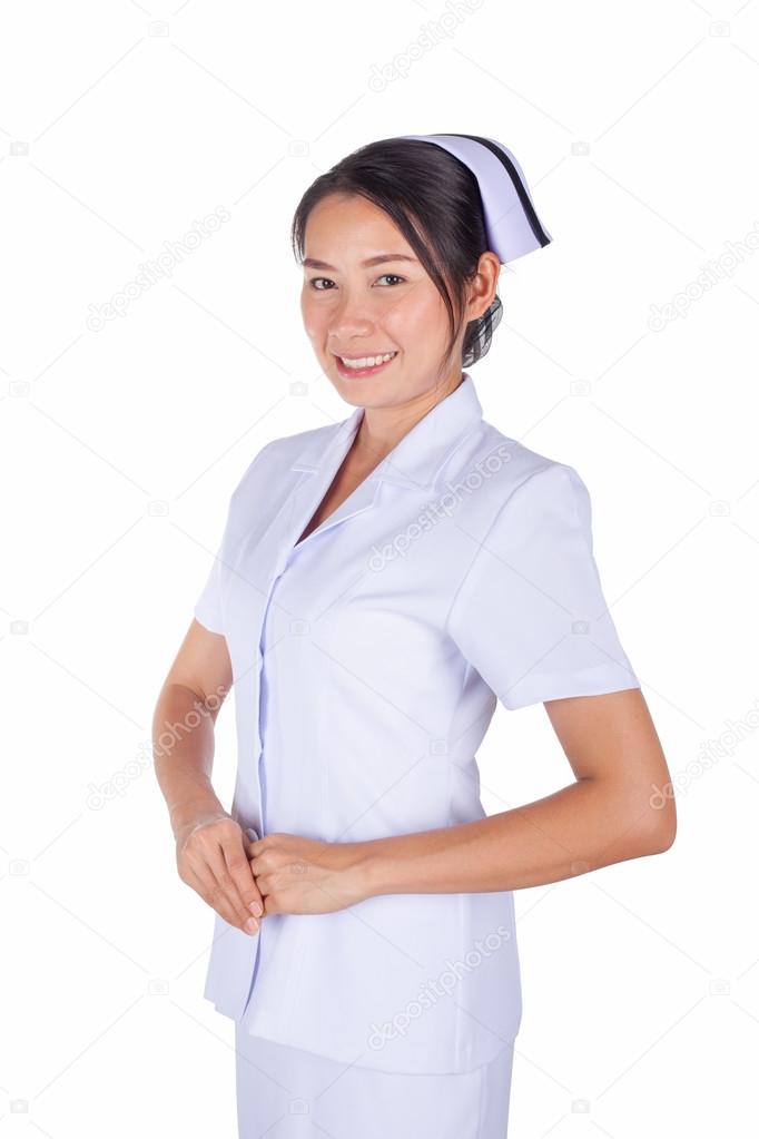 Nurse wearing white uniform and watched at patient chart. Stock Photo