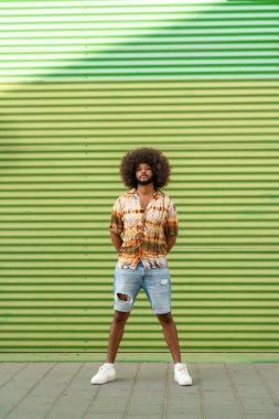 Afro saçlı genç adam yeşil çizgili duvara yaslanmış duruyor.