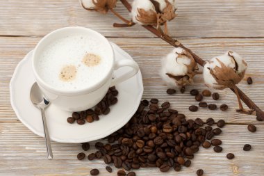 Sabah krem ve pamuk çiçek ile kahve