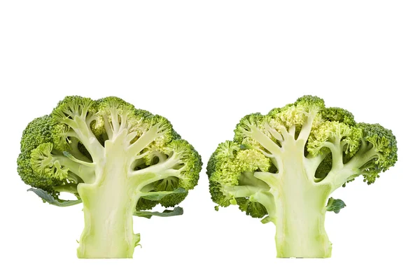 Twee helften van verse broccoli gesneden geïsoleerd op witte achtergrond — Stockfoto