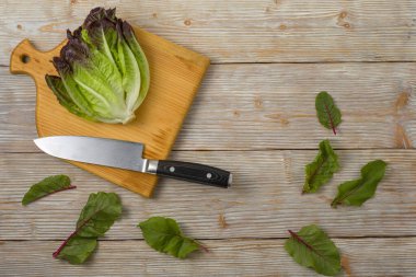 Bir sürü marul, pancar yaprakları, tahta kesme tahtası ve mutfak bıçağı. Vejetaryen yemek geçmişi.