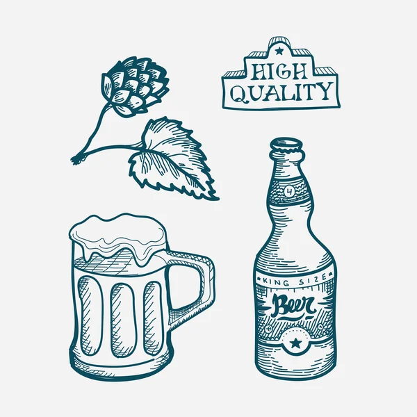 Hop, etiqueta, taza de cerveza y botella — Vector de stock