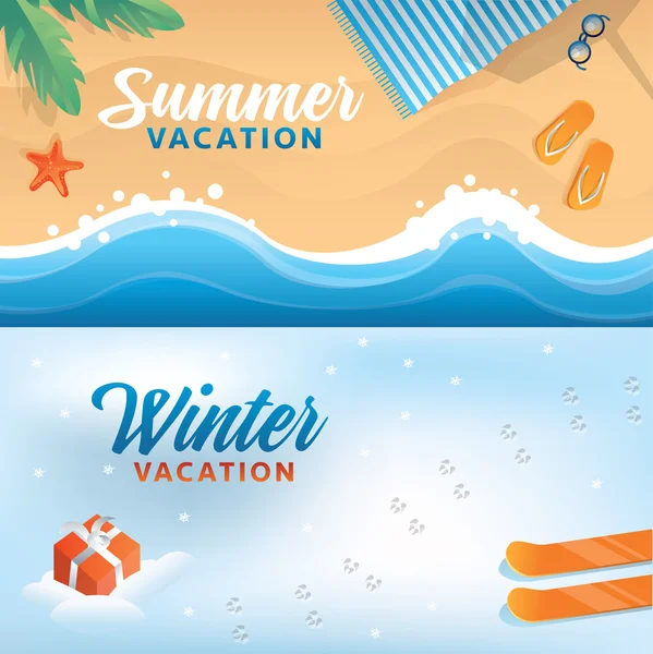 Banderas de vacaciones de verano e invierno — Vector de stock
