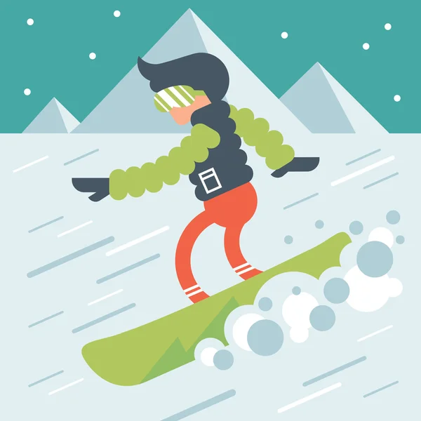 Snowboarder personagem homem cavalgando para baixo — Vetor de Stock