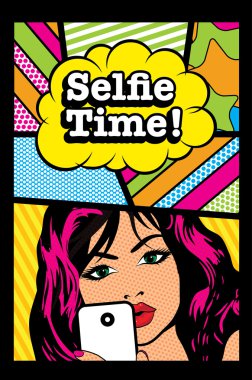 Tabelalı Kadın telefon ve selfie kabarcık.