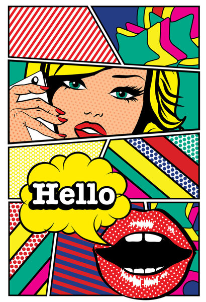 Женщина с телефоном и надписью Hello bubble
.