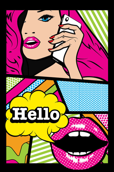 Женщина с телефоном и надписью Hello bubble
.