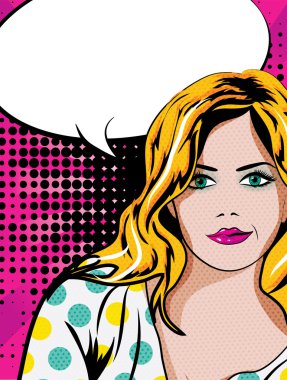 Pop Art kadın ve kabarcık işaret.