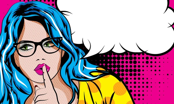 Mujer con gafas & signo de burbuja — Vector de stock