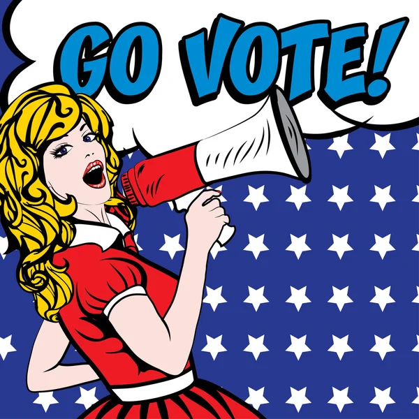 メガホン - 行く投票を持つ女性! — ストックベクタ