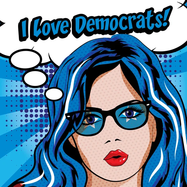 Vrouw met brillen - ik hou van democraten! — Stockvector