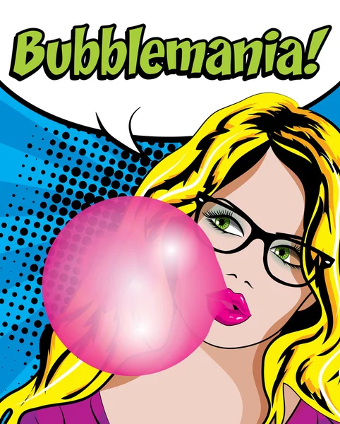 Pop-Art nő a gumi -, Bubblemania! — Stock Vector
