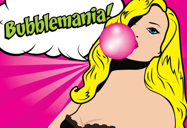 Pop Art kadın sakız - Bubblemania ile! — Stok Vektör