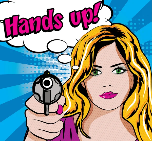 Kadın tabancayla - Hands Up! — Stok Vektör
