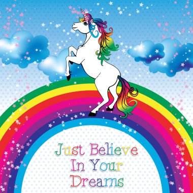 Motivasyon kartı. Unicorn bir gökkuşağı ile