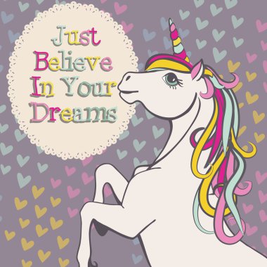 Motivasyon kartı. Unicorn bir gökkuşağı ile