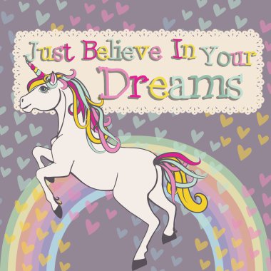Motivasyon kartı. Unicorn bir gökkuşağı ile