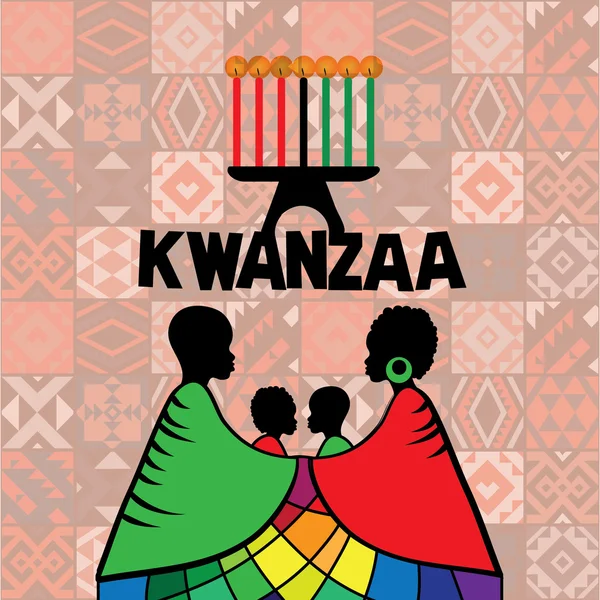 Cartão de saudação para Kwanzaa com silhueta de par de africanos. Ilustração vetorial. Feliz cartão decorativo Kwanzaa . —  Vetores de Stock