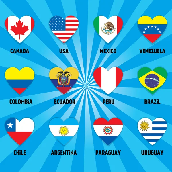 Conjunto de formas Corazones Botones Banderas de estados del país del mundo . — Archivo Imágenes Vectoriales