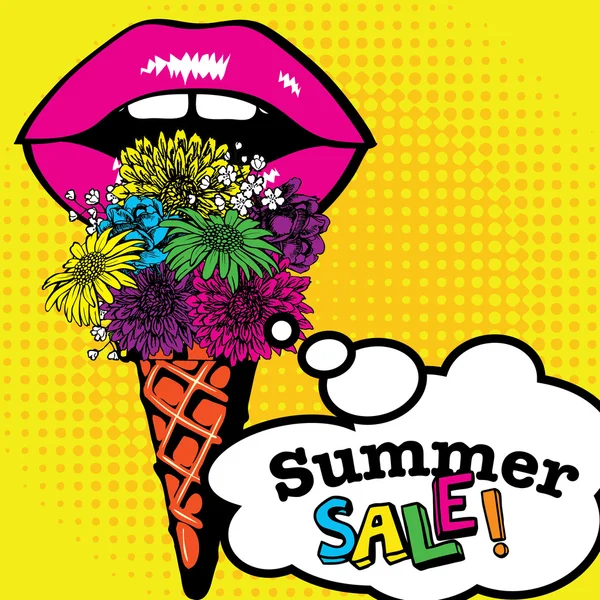 Pop Art Ice Cream flowers Summer Sale. - Stok Vektor