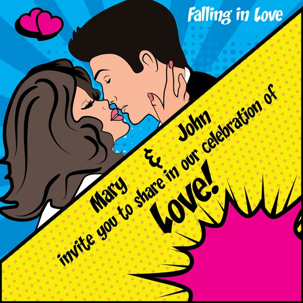 "Falling in Love". Pop Art Wedding Cartoon card — Stock Vector